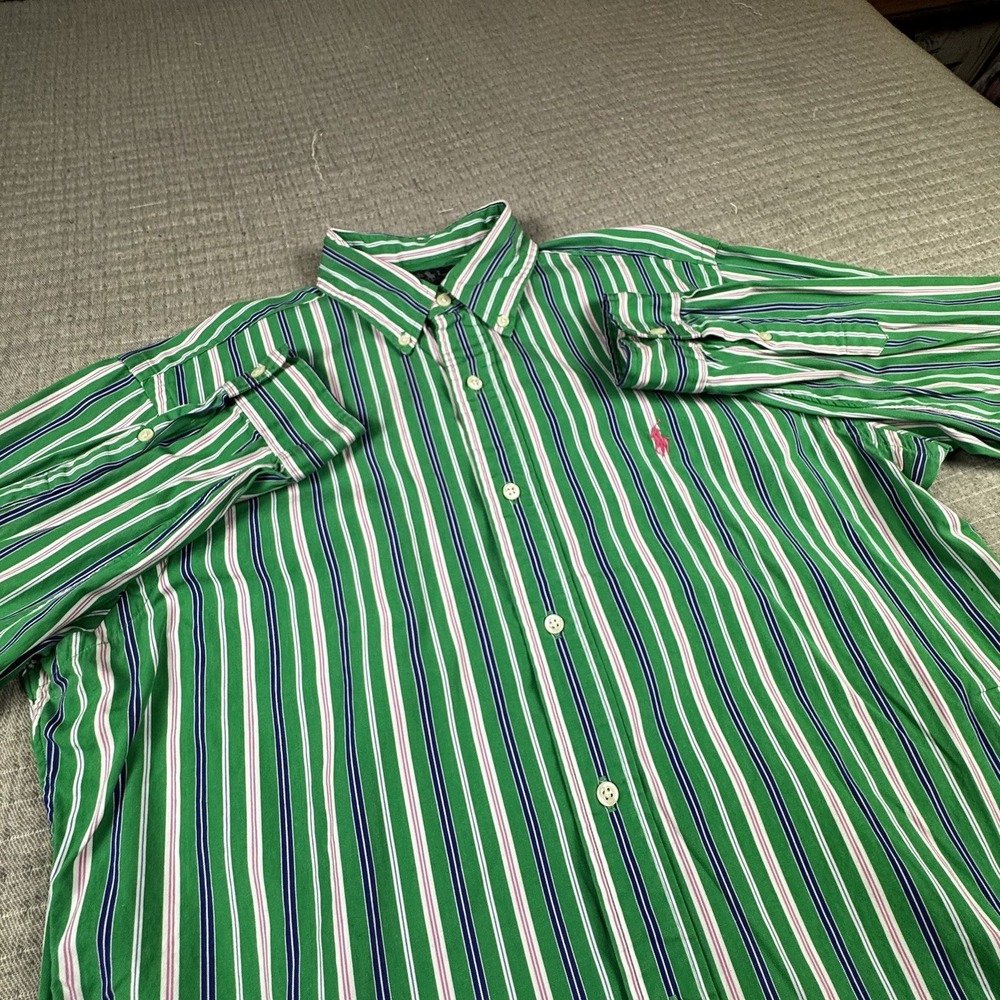 Vintage Polo Ralph Lauren Button Up Shirt Men M Green Pinstripe Y2K Long Sleeve